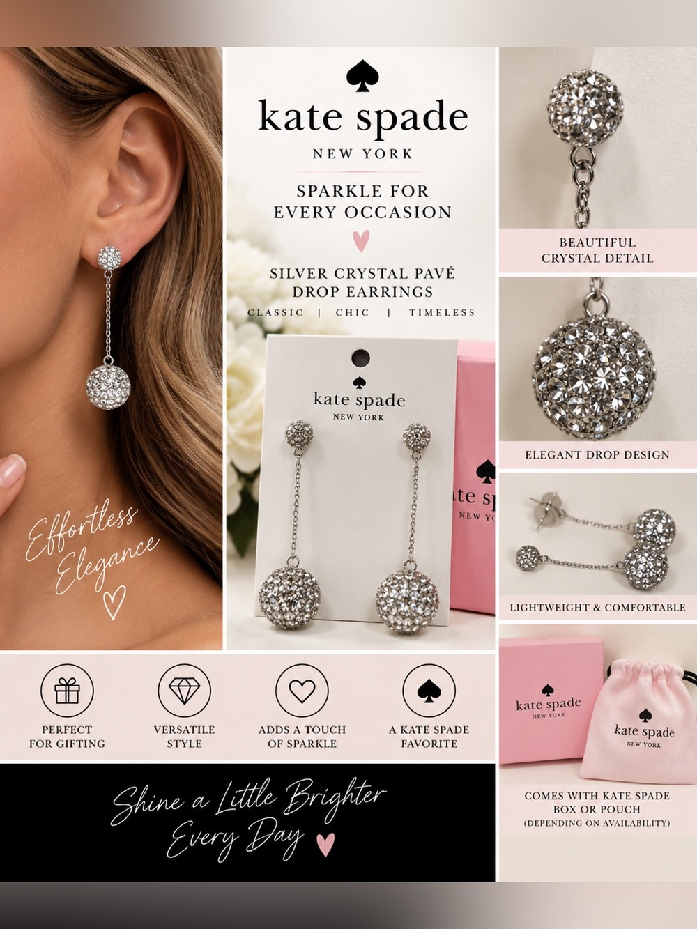 kate spade silver crystal pavé drop earrings
